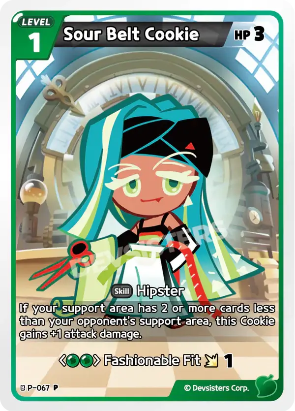 Sour Belt Cookie P-067 P | Promo Card featuring a stylish character with a green and black color scheme.