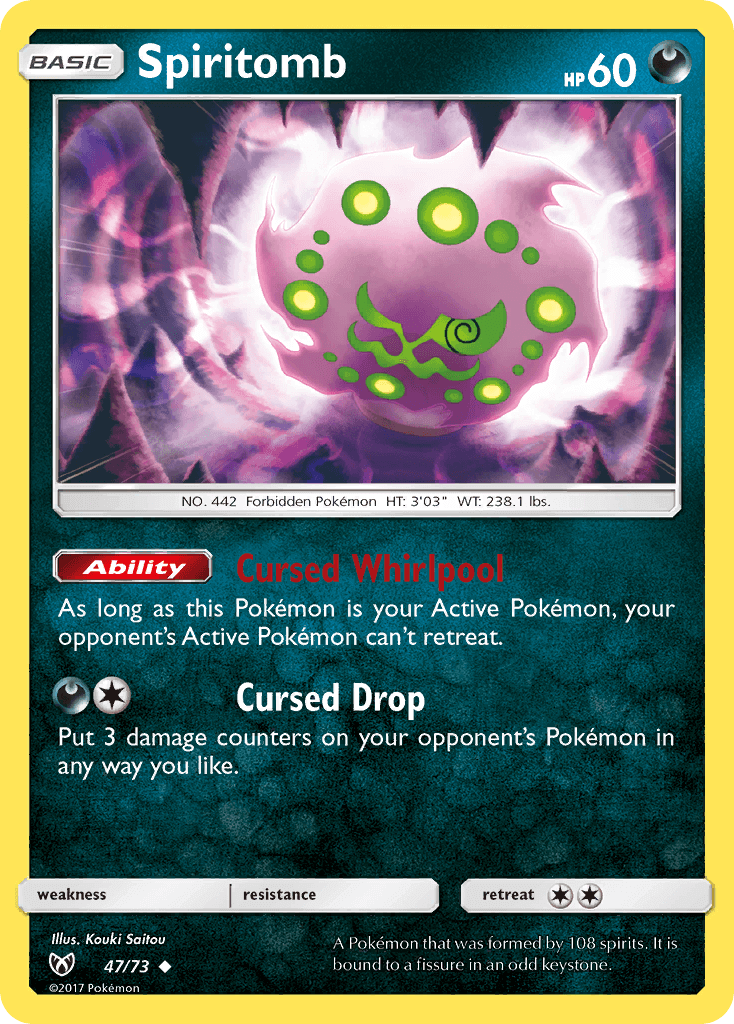 Spiritomb (47/73) [Sun & Moon: Shining Legends] card showcasing abilities and stats.
