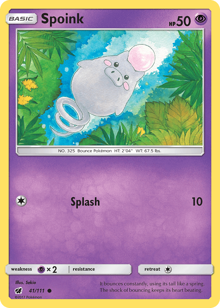 Spoink (41/111) [Sun & Moon: Crimson Invasion] card featuring Psychic type Pokémon in vibrant art.
