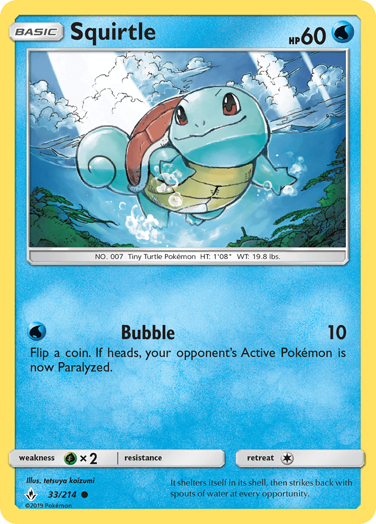 Squirtle (33/214) [Sun & Moon: Unbroken Bonds] card featuring the Water-type Pokémon in action.