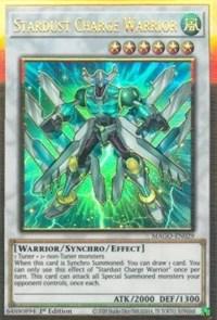 Stardust Charge Warrior [MAGO-EN029] Gold Rare card displaying effects and stats.