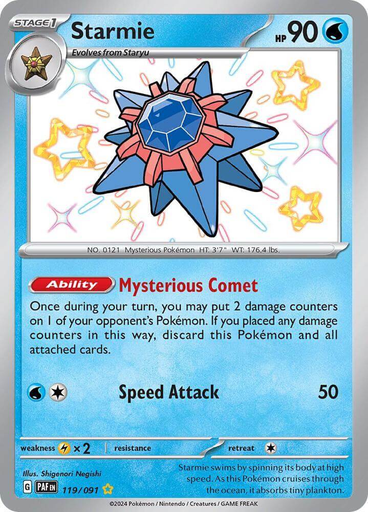 Starmie (119/091) [Scarlet & Violet: Paldean Fates] holographic trading card showcasing Water type and shiny rare features.