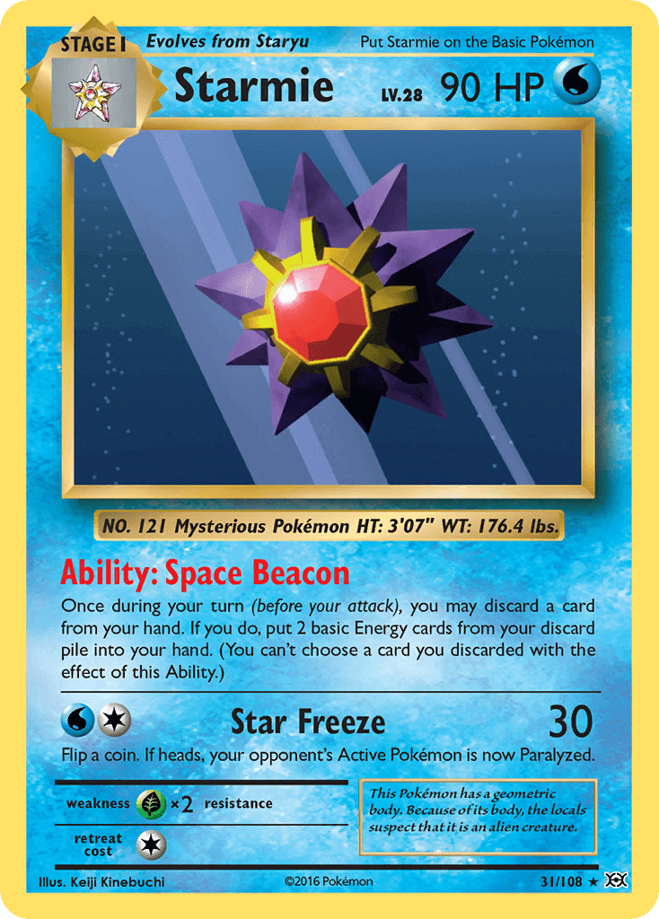 Starmie (31/108) [XY: Evolutions] collectible card featuring ability Space Beacon and star freeze attack.