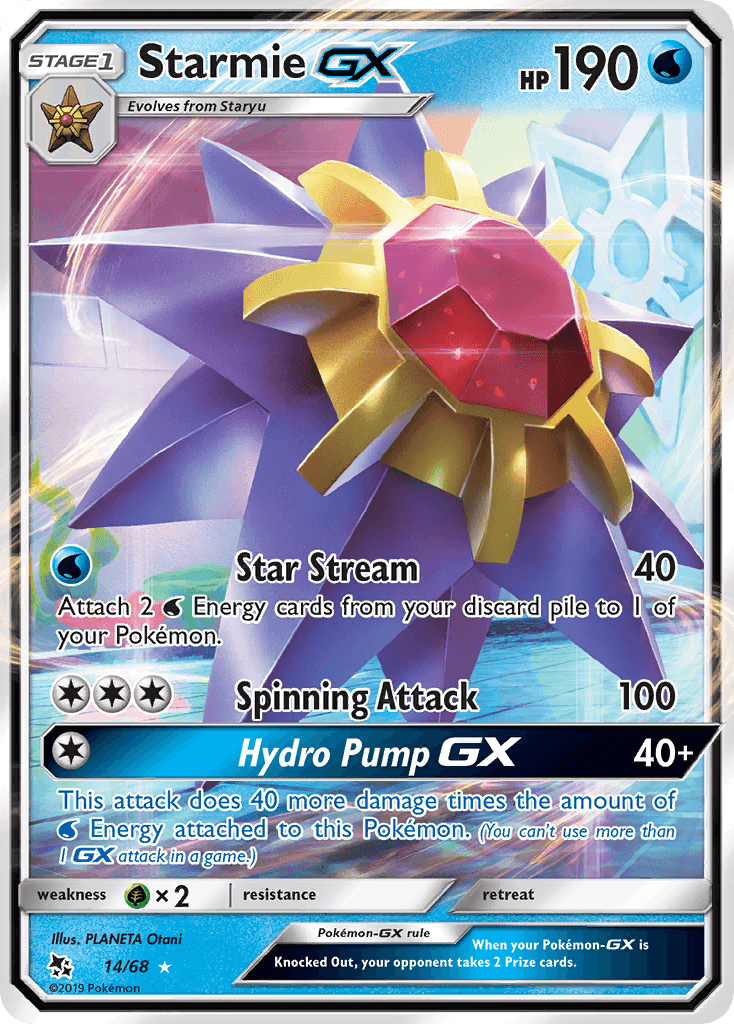 Starmie GX (14/68) [Sun & Moon: Hidden Fates] card featuring Water type and Ultra Rare rarity.