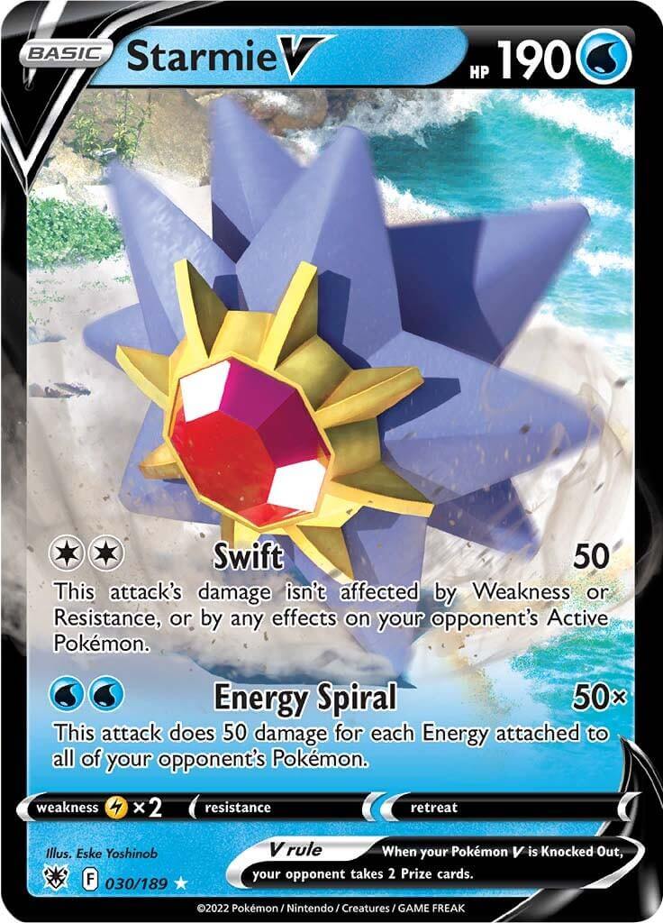Starmie V (030/189) [Sword & Shield: Astral Radiance] card featuring Swift and Energy Spiral attacks.