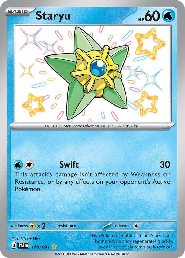 Staryu (118/091) [Scarlet & Violet: Paldean Fates] card featuring its shiny rare design and water type.
