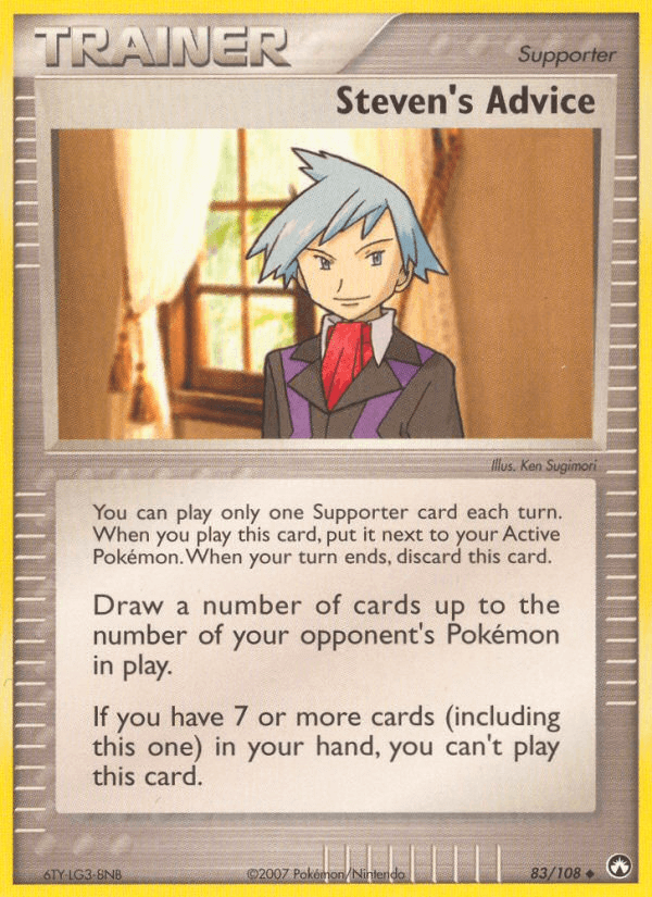 Steven's Advice (83/108) [EX: Power Keepers] card featuring a Supporter Trainer with strategic gameplay instructions.