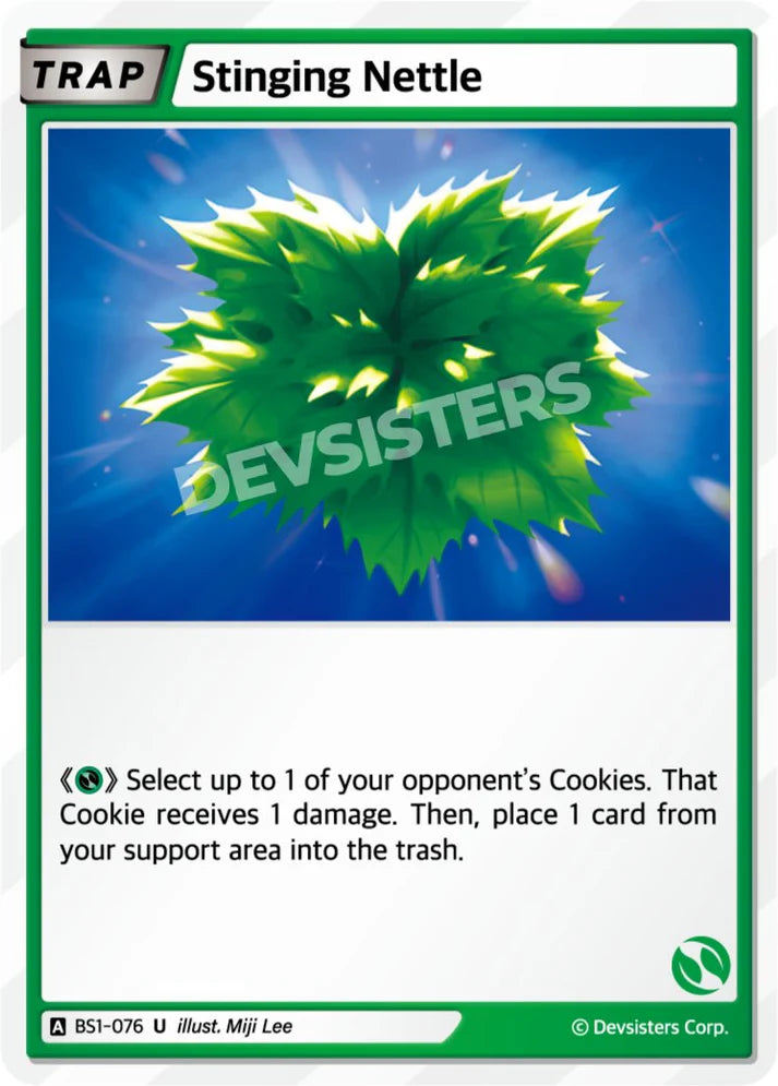 Stinging Nettle BS1-076 U | Uncommon Card featuring a vibrant green leaf design and gameplay instructions.
