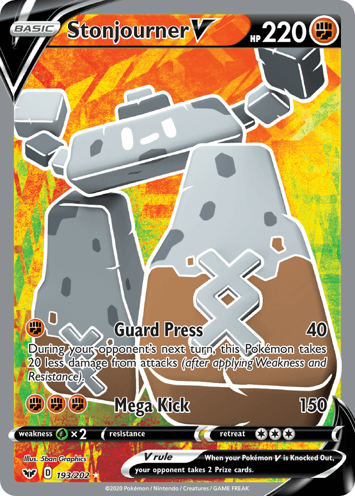 Stonjourner V (193/202) [Sword & Shield: Base Set] card featuring Guard Press and Mega Kick moves.