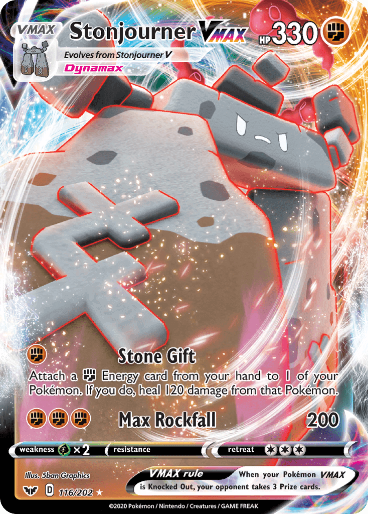 Stonjourner VMAX (116/202) [Sword & Shield: Base Set] card with HP and attack details.