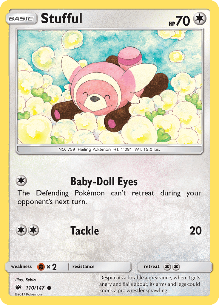 Stufful (110/147) [Sun & Moon: Burning Shadows] card featuring Baby-Doll Eyes move and Tackle attack.