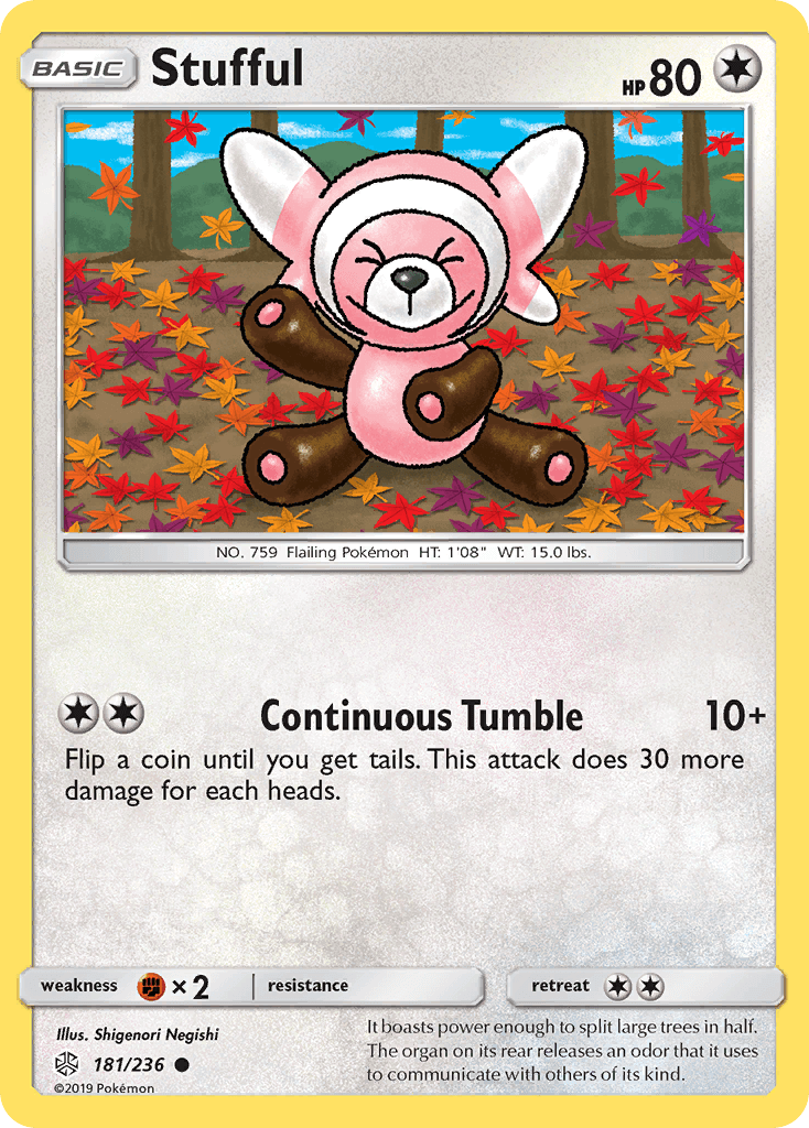 Stufful (181/236) [Sun & Moon: Cosmic Eclipse] card showing cute bear-like Pokémon in autumn scene.