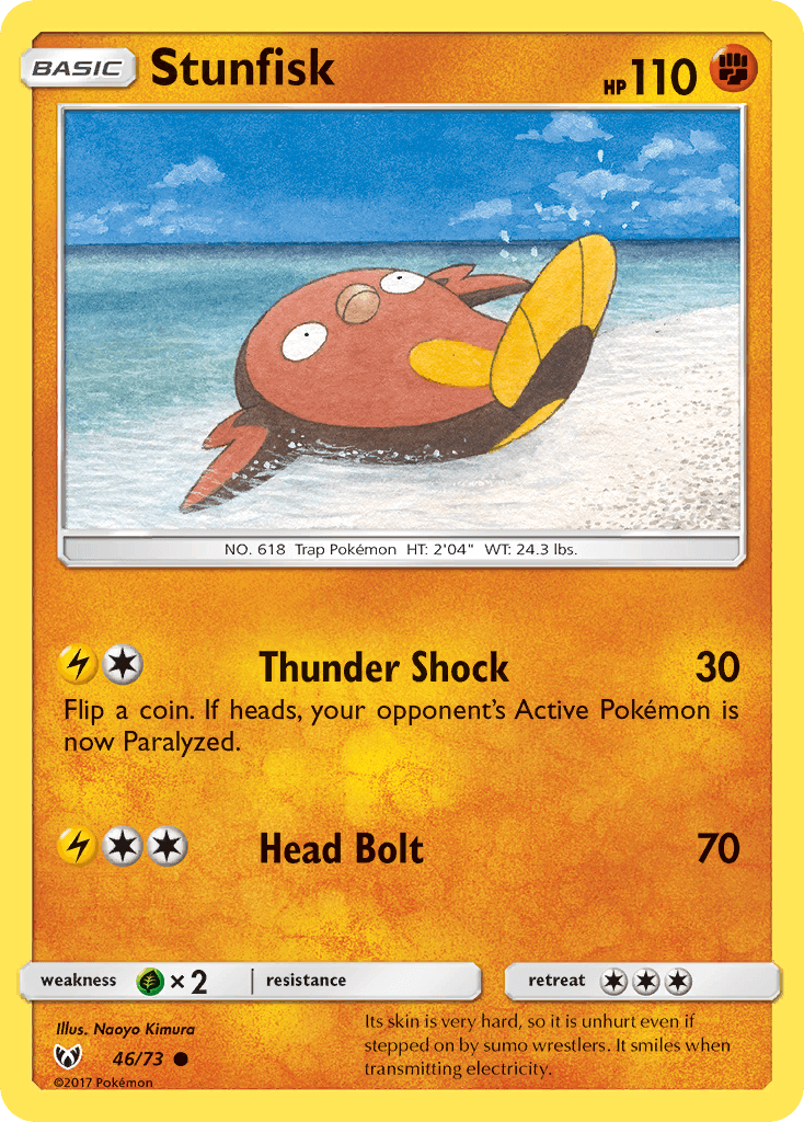 Stunfisk (46/73) [Sun & Moon: Shining Legends] card displaying its abilities Thunder Shock and Head Bolt.