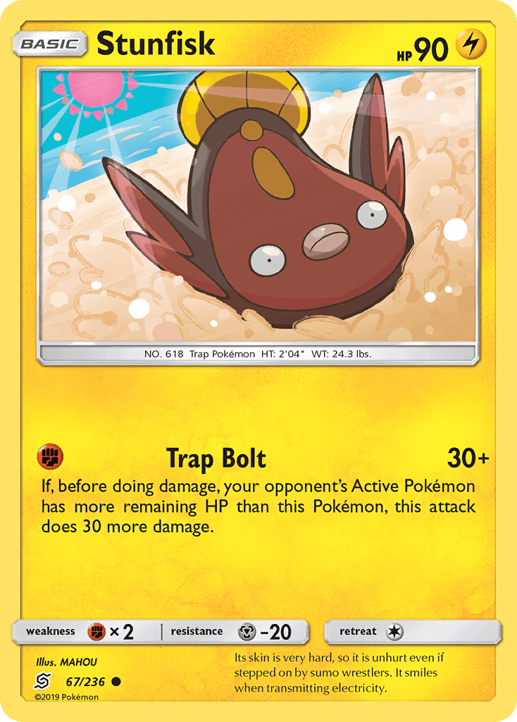 Stunfisk (67/236) [Sun & Moon: Unified Minds] card featuring Trap Bolt attack and HP stats.