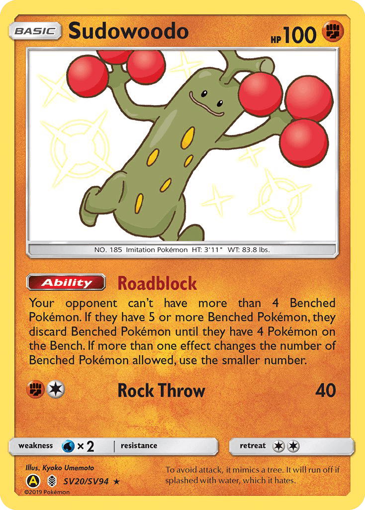 Sudowoodo (SV20/SV94) [Sun & Moon: Hidden Fates - Shiny Vault] card featuring ability and attack details.