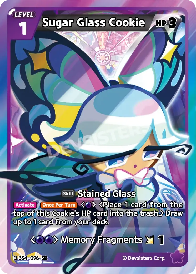 Sugar Glass Cookie (BS4-096) SR – Brave Sweet | Cookie Run TCG Single Card featuring vibrant artwork and game details.