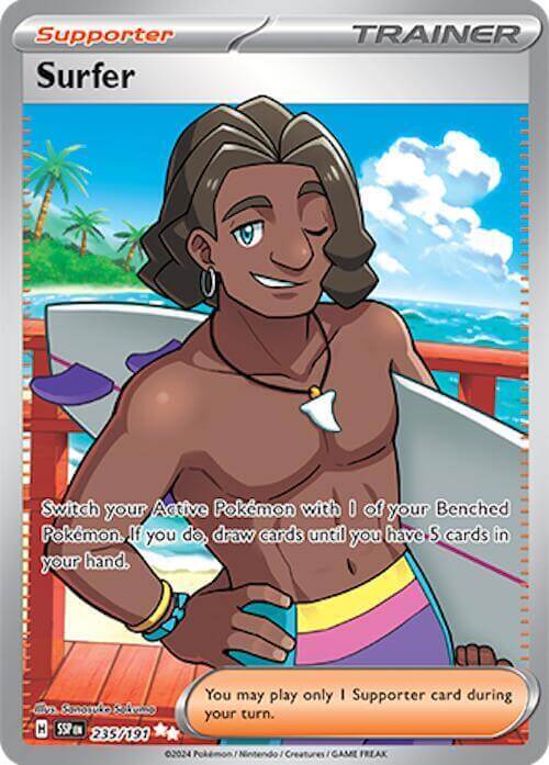 Surfer (235/191) [Scarlet & Violet: Surging Sparks] Ultra Rare Supporter card featuring vibrant beach scene.