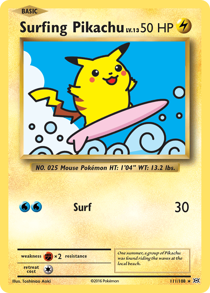 Surfing Pikachu (111/108) [XY: Evolutions] card featuring Pikachu surfing on a wave.