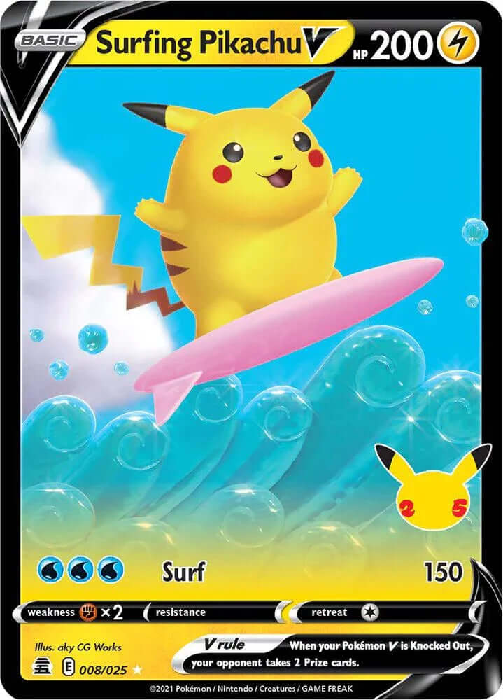 Surfing Pikachu V (008/025) [Celebrations: 25th Anniversary] card featuring Pikachu on a surfboard.