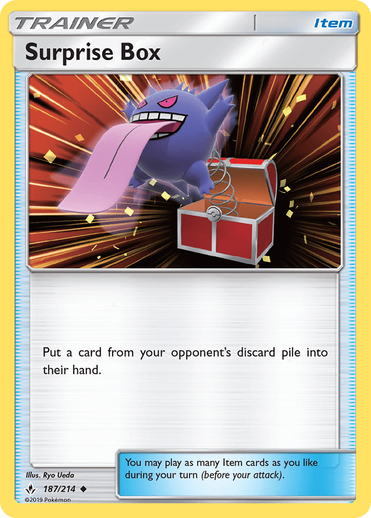 Surprise Box (187/214) [Sun & Moon: Unbroken Bonds] card featuring Gengar and a treasure chest.