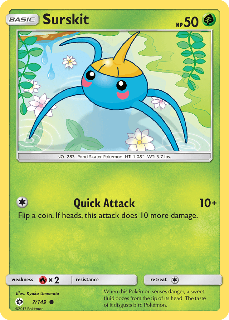 Surskit (7/149) [Sun & Moon: Base Set] playing in a scenic background with the Quick Attack move featured.