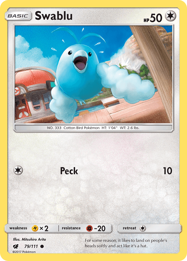 Swablu (79/111) [Sun & Moon: Crimson Invasion] card featuring a playful cotton bird Pokémon.