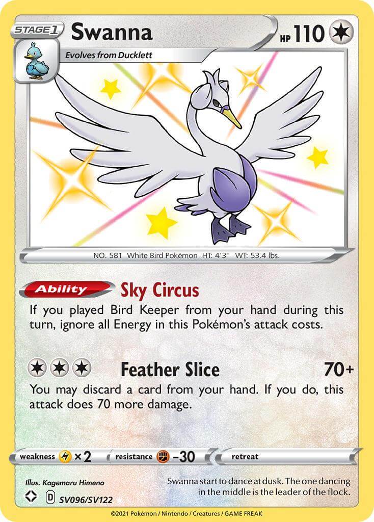Swanna (SV096/SV122) [Sword & Shield: Shining Fates] with Sky Circus ability and Feather Slice attack.