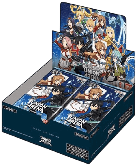 Sword Art Online (UE07BT)  - Booster Box displaying collectible cards featuring Kirito, Asuna, and other characters.