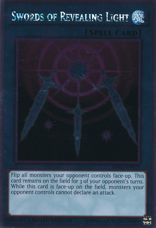 Swords of Revealing Light [NKRT-EN025] Platinum Rare spell card image featuring a unique design and game instructions.