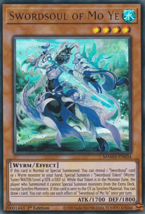 Swordsoul of Mo Ye [MAMA-EN034] Ultra Rare card featuring Wyrm Effect Monster with 1700 ATK and 1800 DEF.