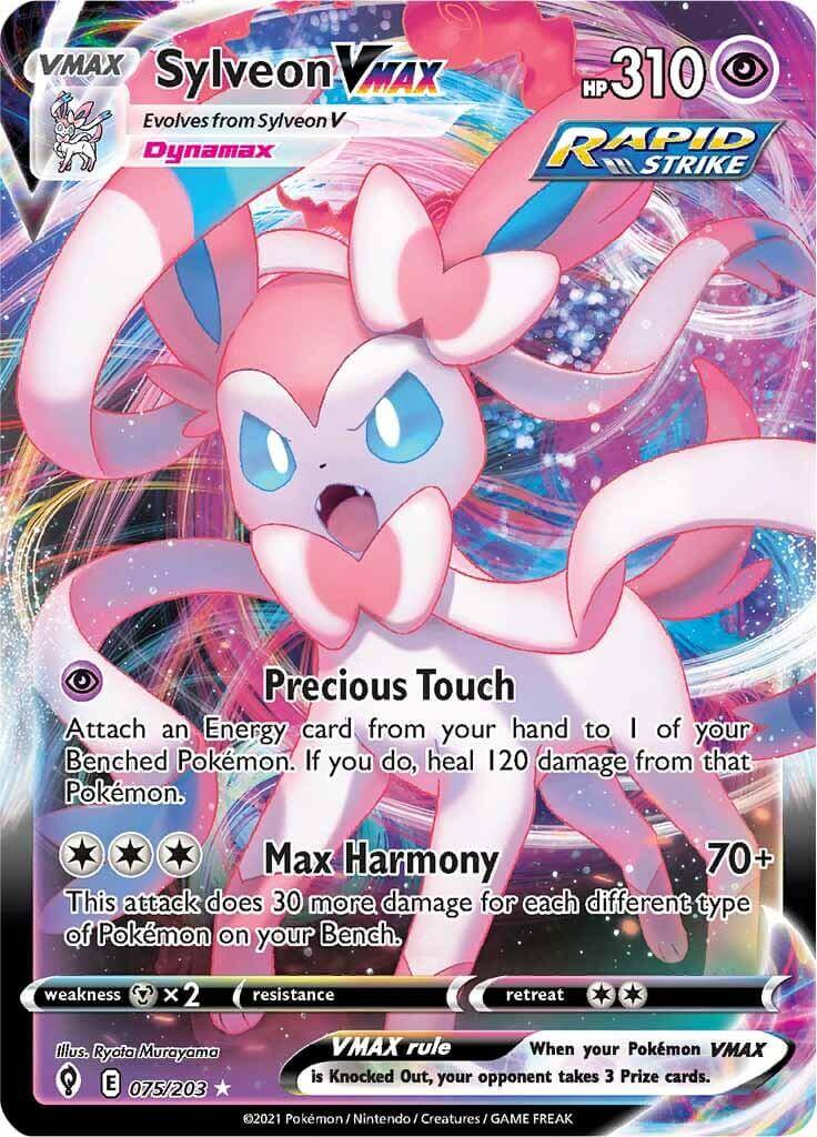 Sylveon VMAX (075/203) [Sword & Shield: Evolving Skies] Ultra Rare Psychic type Pokémon card image.