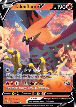 Talonflame V (029/185) [Sword & Shield: Vivid Voltage] card showcasing its attacks and vivid design.