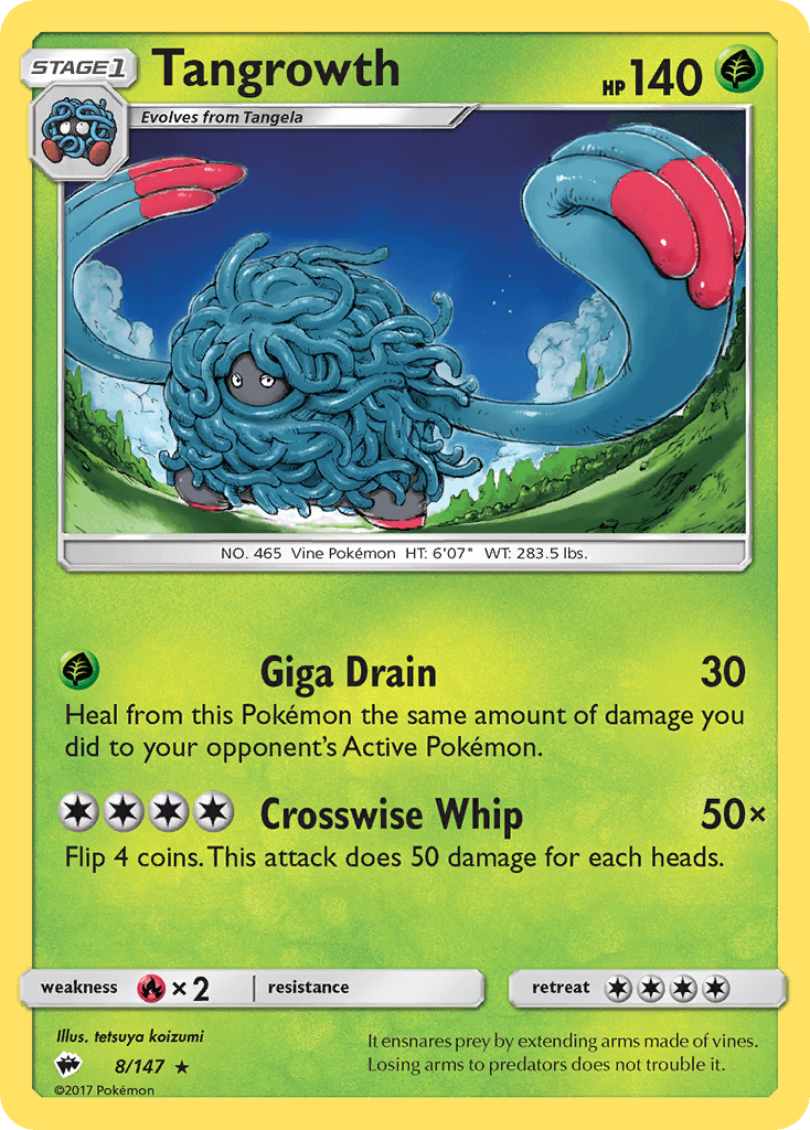 Tangrowth (8/147) [Sun & Moon: Burning Shadows] Grass type card with Giga Drain and Crosswise Whip moves.