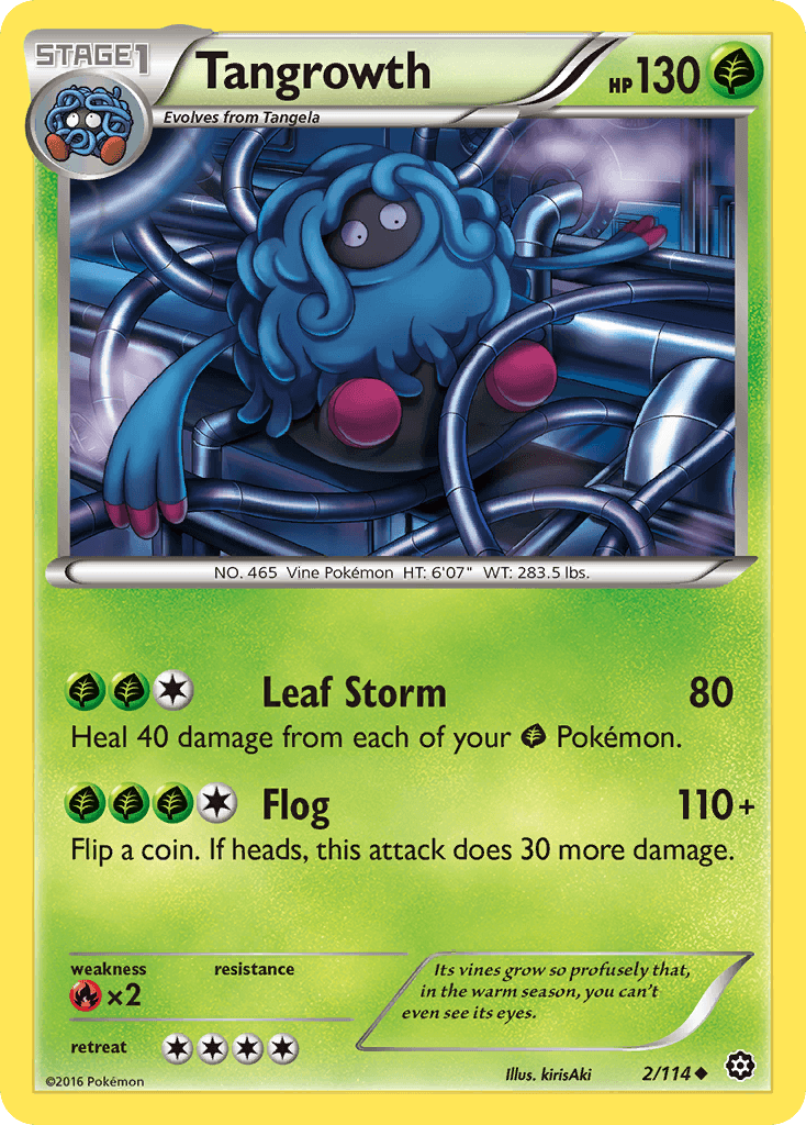 Tangrowth (2/114) [XY: Steam Siege] card showcasing its Leaf Storm and Flog abilities in vibrant color.