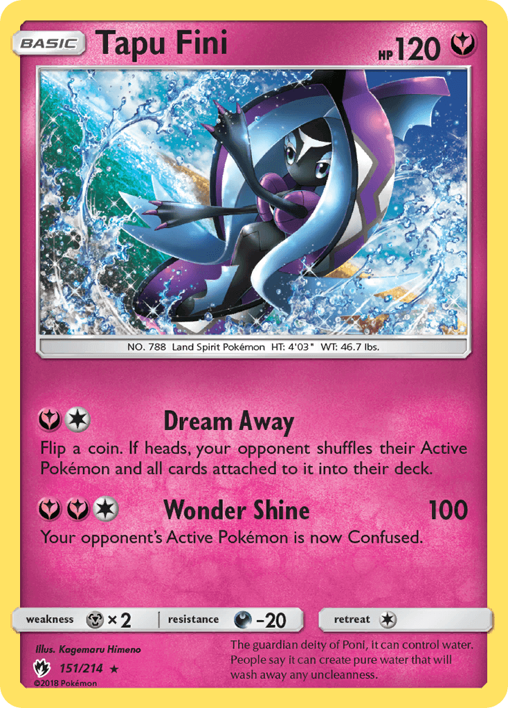Tapu Fini (151/214) [Sun & Moon: Lost Thunder] card displaying abilities Dream Away and Wonder Shine.