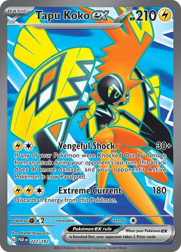 alt_tag: Tapu Koko ex (222/182) [Scarlet & Violet: Paradox Rift] ultra rare lightning type card.