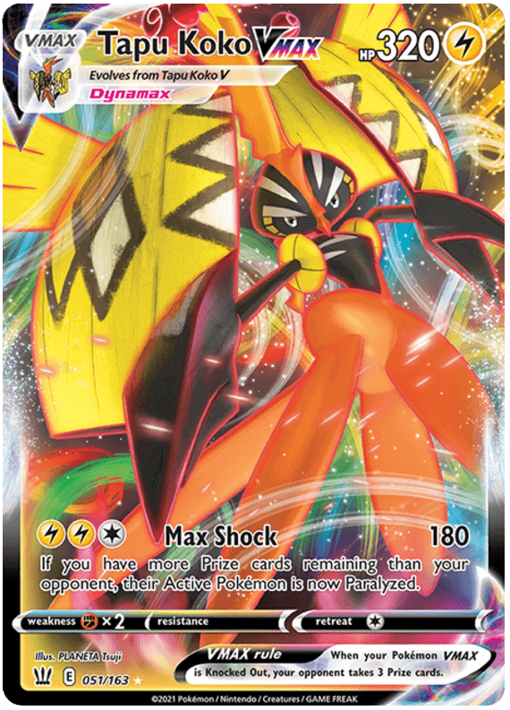 Tapu Koko VMAX (051/163) [Sword & Shield: Battle Styles] with lightning type and ultra rare rarity.