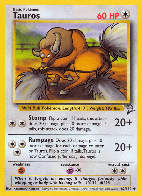 Tauros (62/130) [Base Set 2] collectible card featuring HP and attack details.