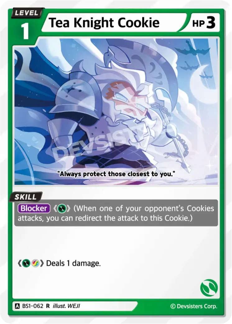 Tea Knight Cookie BS1-062 R | Rare Card featuring an illustration of the character in a defensive pose.