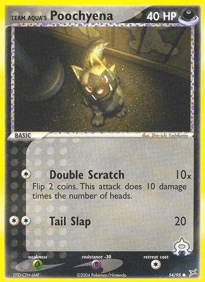 Team Aqua's Poochyena (54/95) [EX: Team Magma vs Team Aqua] card featuring Double Scratch and Tail Slap abilities.