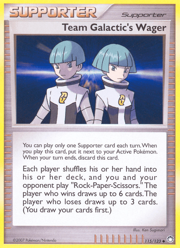 Team Galactic's Wager (115/123) [Diamond & Pearl: Mysterious Treasures] card featuring Supporter mechanics.