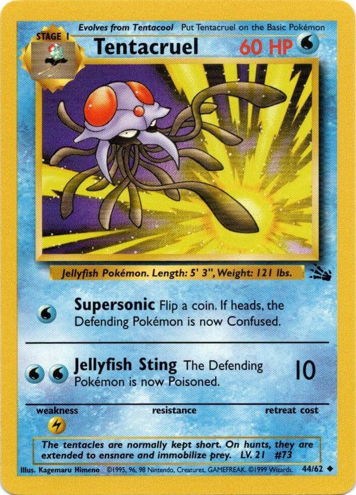 Tentacruel (44/62) [Fossil Unlimited] card featuring Jellyfish Pokémon with abilities Supersonic and Jellyfish Sting.