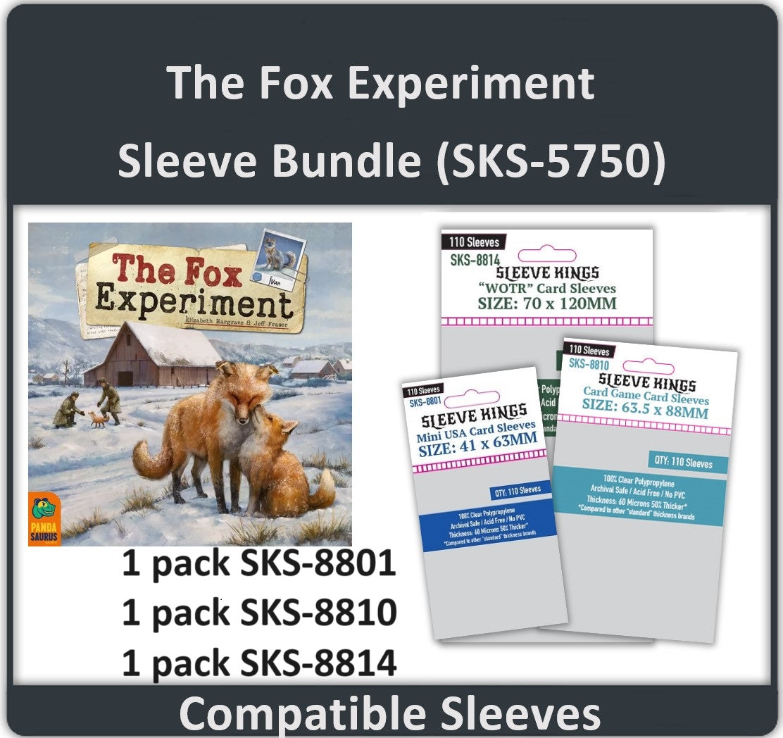 The Fox Experiment Compatible Card Sleeve Bundle (8801 x 1 + 8810 x 1 + 8814 x 1) displayed with packaging and sizes.