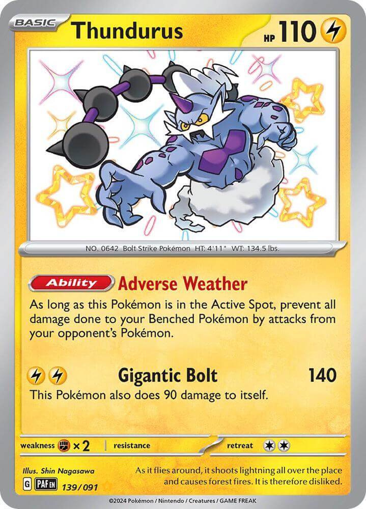 Thundurus (139/091) [Scarlet & Violet: Paldean Fates] card featuring Adverse Weather ability and Gigantic Bolt attack.
