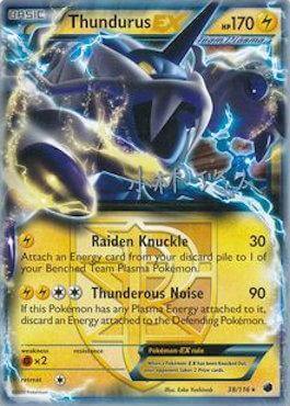 Thundurus EX (38/116) (Plasma Power - Haruto Kobayashi) [World Championships 2014] card featuring Raiden Knuckle and Thunderous Noise attacks.