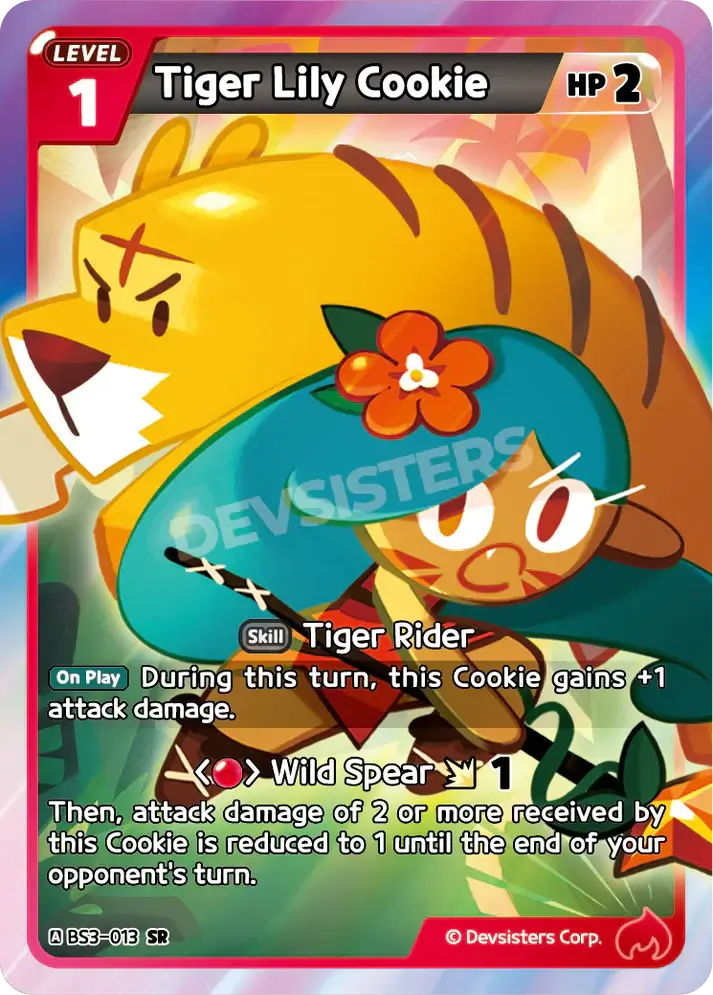 Tiger Lily Cookie (BS3-013) SR [Age of Heroes and Kingdoms] | Cookie Run TCG Super Rare Card image showing skill details.