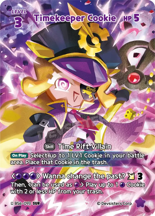 Timekeeper Cookie BS6-093 SUR | Super Ultra Rare Card showcasing Time Rift-Villain skill.