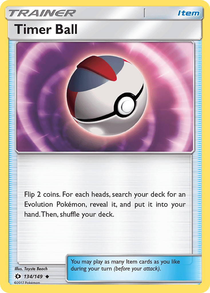 Timer Ball (134/149) [Sun & Moon: Base Set] trading card featuring item description and game instructions.