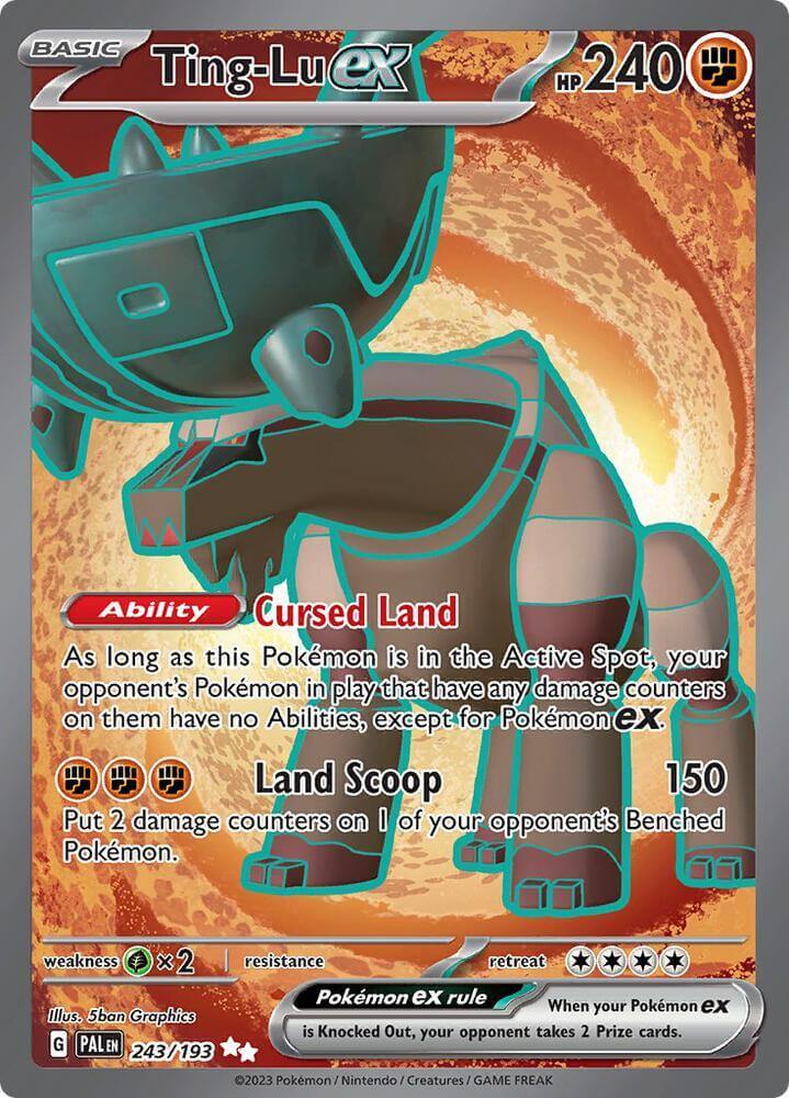 Ting-Lu ex (243/193) [Scarlet & Violet: Paldea Evolved] card featuring Cursed Land ability and Land Scoop attack.