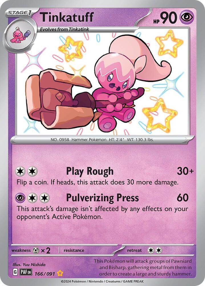 Tinkatuff (166/091) [Scarlet & Violet: Paldean Fates] card showcasing Psychic type with Shiny Rare rarity.